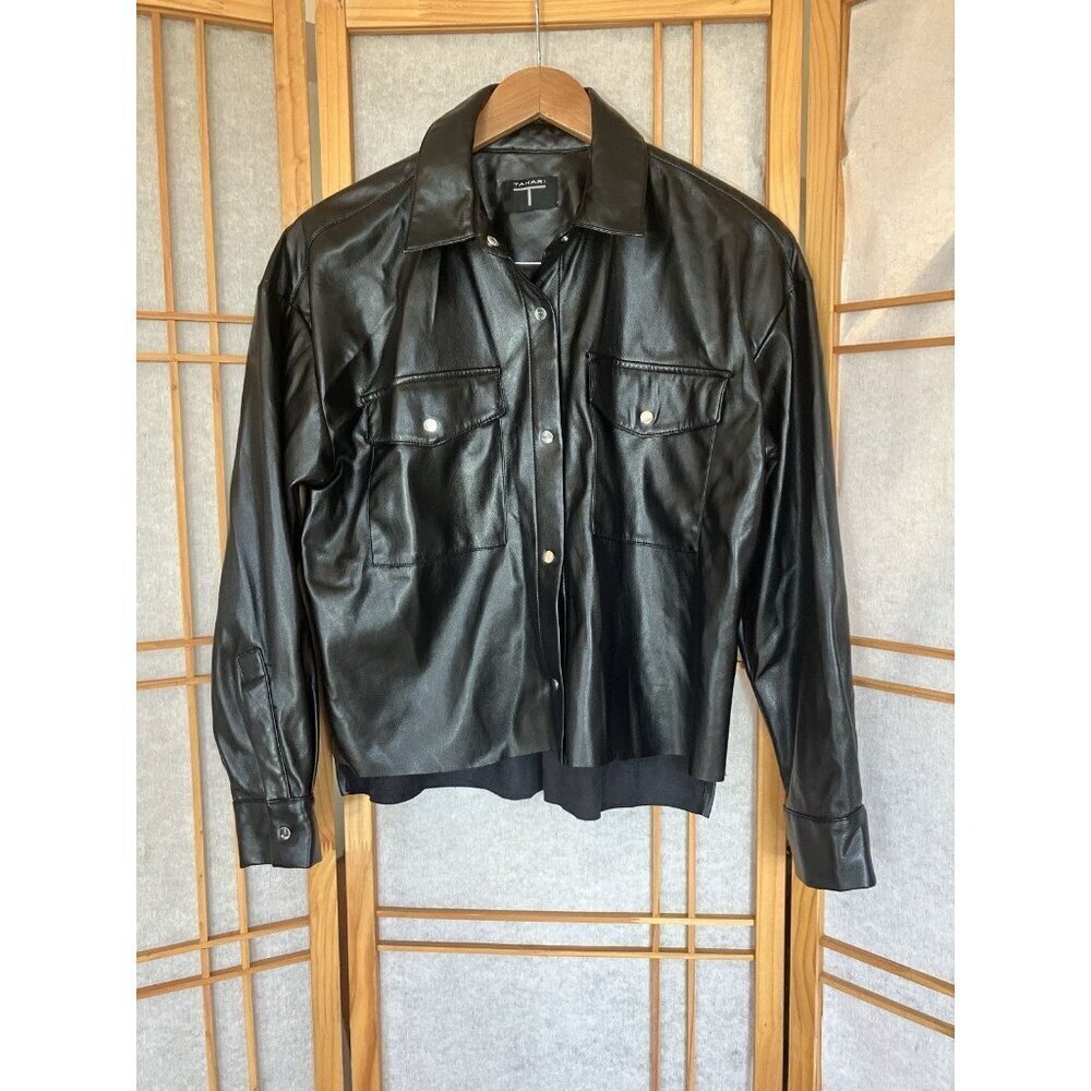 Tahari Black Faux Leather Collared Shirt Medium, Snap Front, Step Hem, Moto Hip
